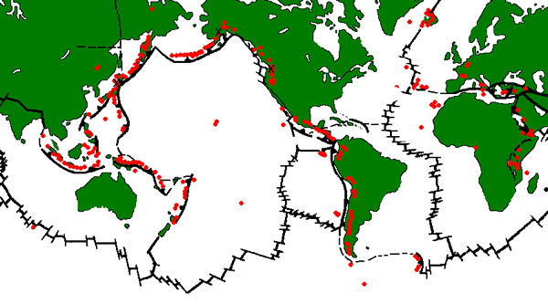 Volcanoes Around The World. Red dots show active volcanoes