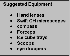 Text Box: Suggested Equipment:
	Hand lenses
	Swift GH microscopes
	compass
	Forceps
	Ice cube trays
	Scoops
	eye droppers 
