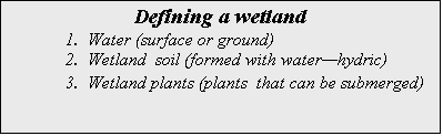 Text Box: Defining a wetland
1.  Water (surface or ground)
	2.  Wetland  soil (formed with waterhydric)
	3.  Wetland plants (plants  that can be submerged)
